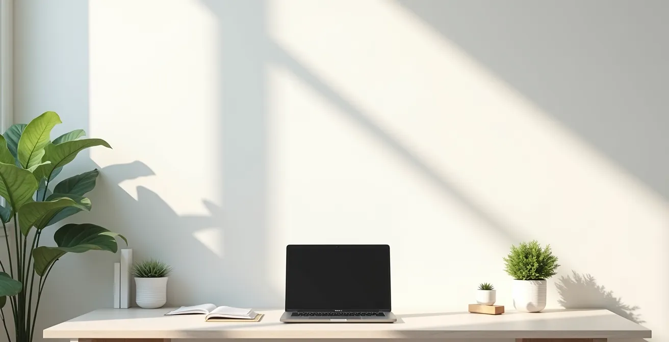 Bureau épuré avec ordinateur fermé et plante verte dans un espace lumineux